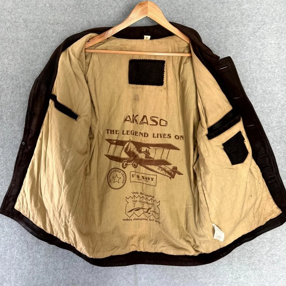 VINTAGE AKASO US Navy Heavyweight Leather Jacket Men's XL‎ Brown Collared